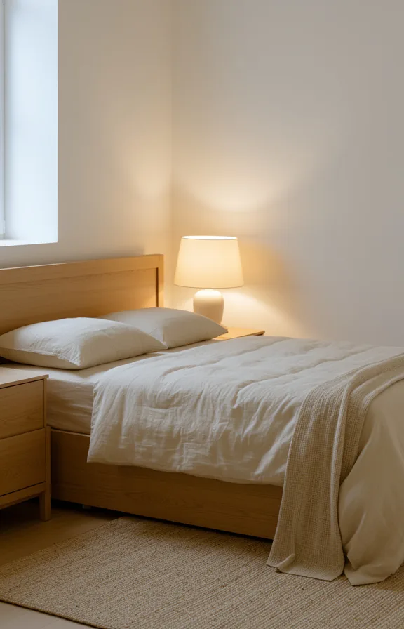 cream linen bedding, white walls, natural wood frame details