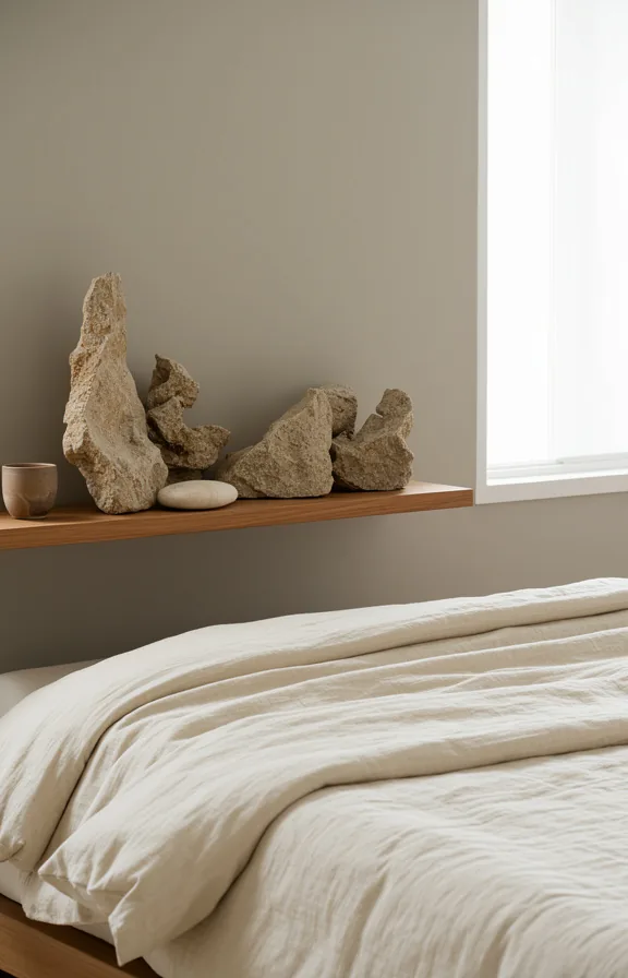 Full bedroom interior with beach stone decorative accents arranged on wooden shelf