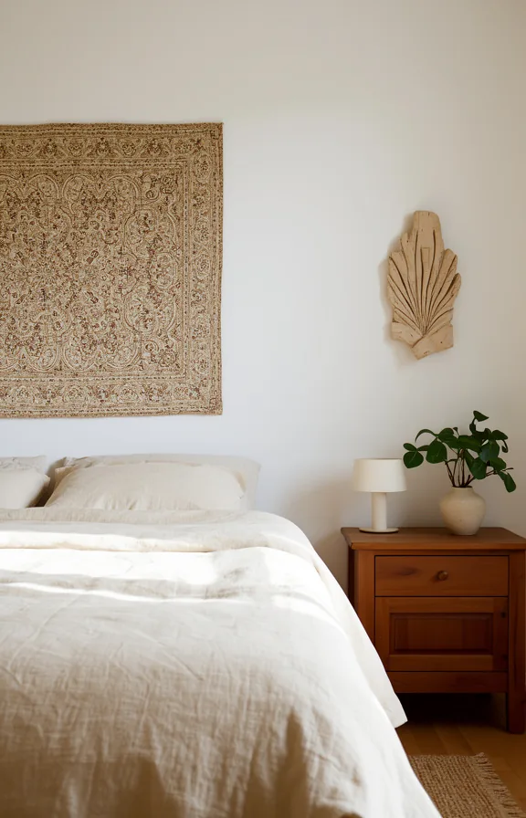 cream linen bed, wooden furniture, soft white walls