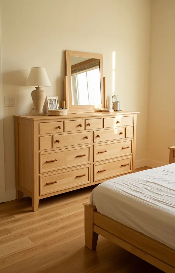 Full bedroom view with light oak dresser as primary storage piece