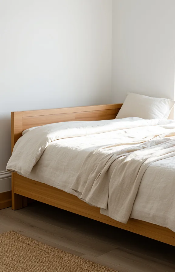 3/4 bedroom angle showing minimalist wooden bedframe with clean lines