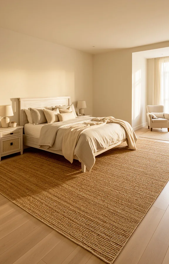 Full bedroom composition with large natural jute area rug anchoring light wood flooring