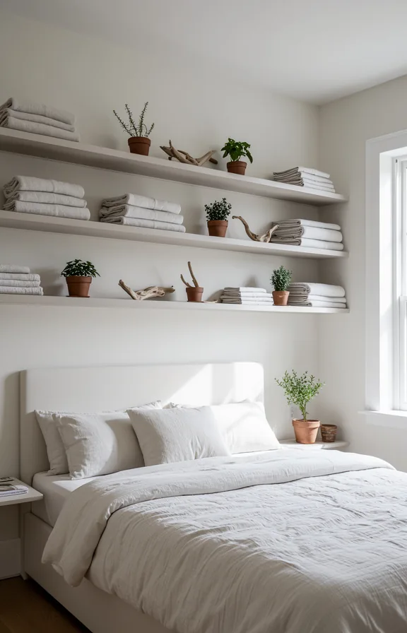 small potted plants, and driftwood pieces against soft white walls