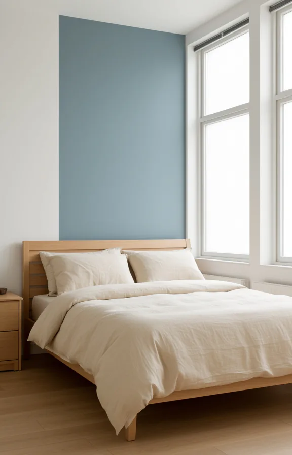 Full bedroom interior with soft dusty blue accent wall behind bed