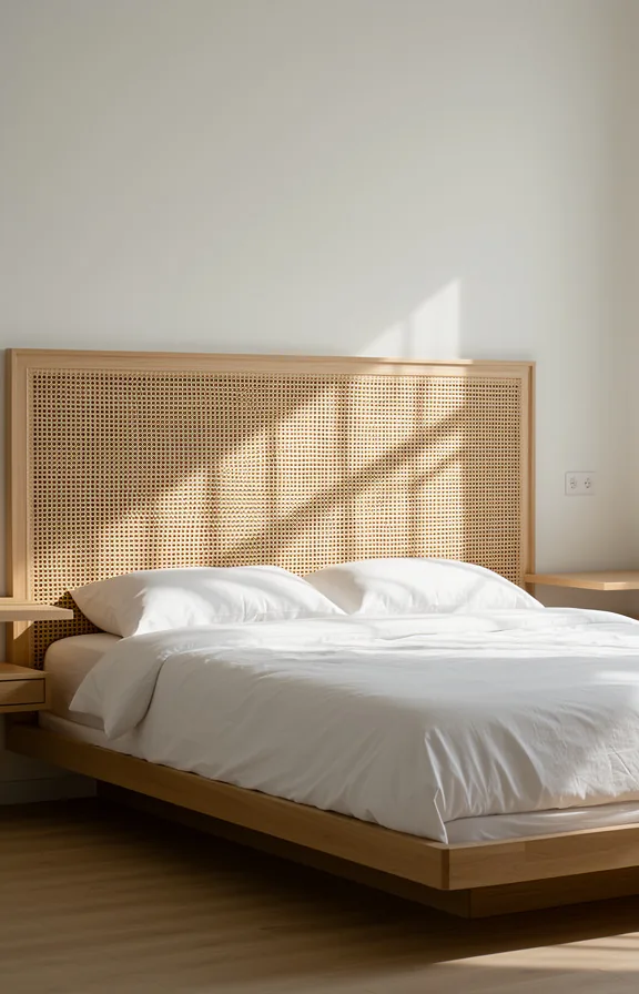 wooden frame base, pale walls, floating bedside surfaces