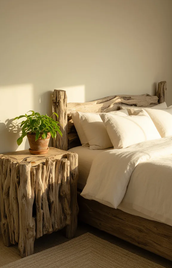 cream linens, natural wood details, soft neutral walls