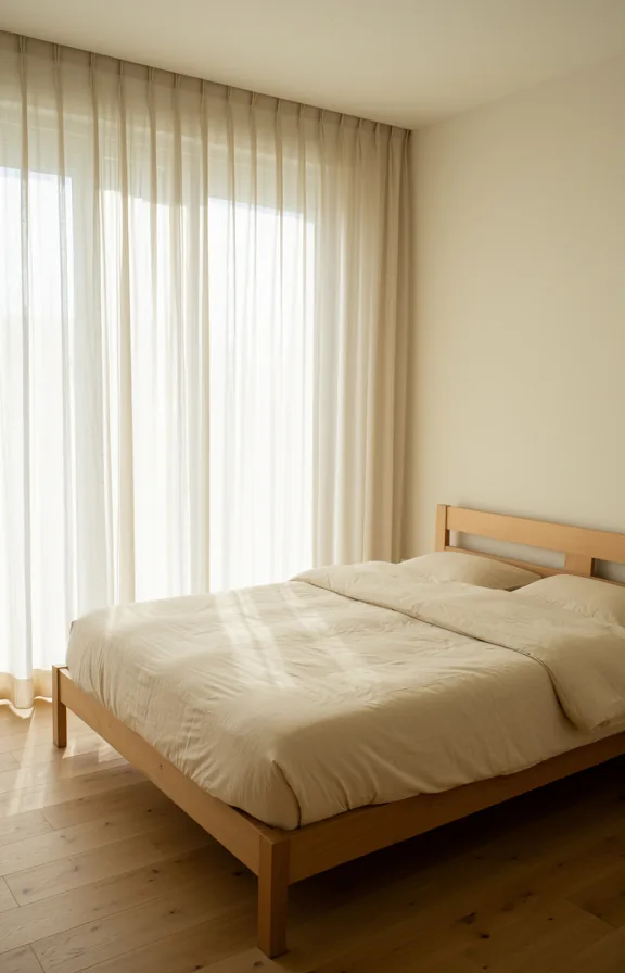 Full bedroom composition with floor-to-ceiling sheer linen window curtains filtering soft diffuse