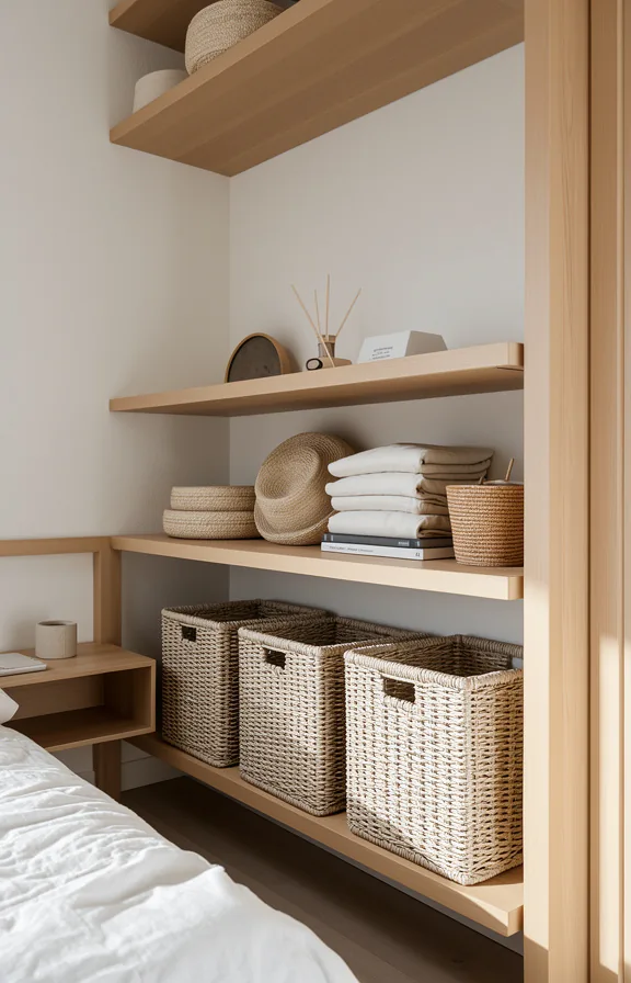 3/4 bedroom angle showing woven neutral rope baskets stored under floating shelf