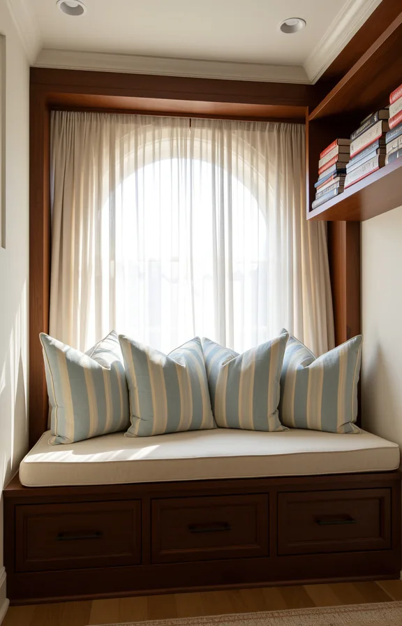 built-in storage drawers below, arched window with sheer curtains