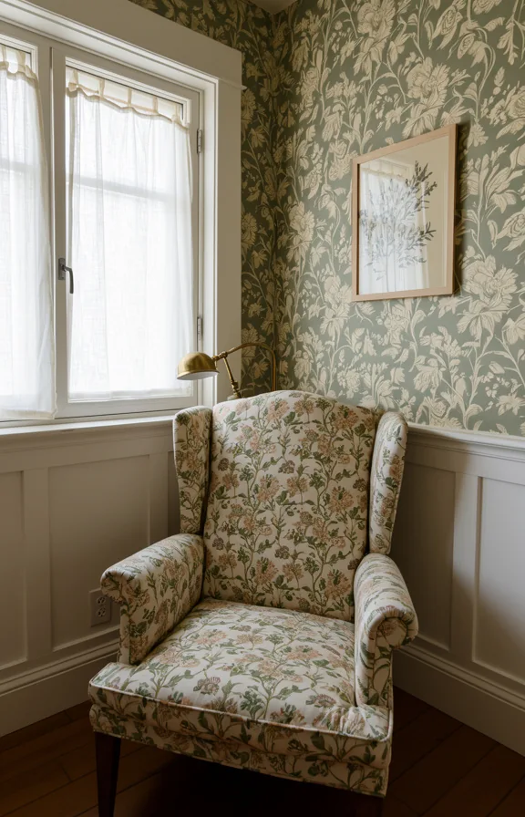 Three-quarter view of cottage corner with floral damask wallpaper in sage and cream