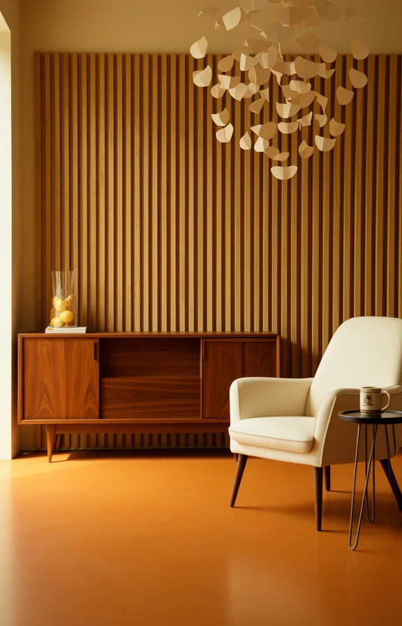 cream upholstered lounge chair positioned beside, hairpin-leg side table with vintage ceramic mug