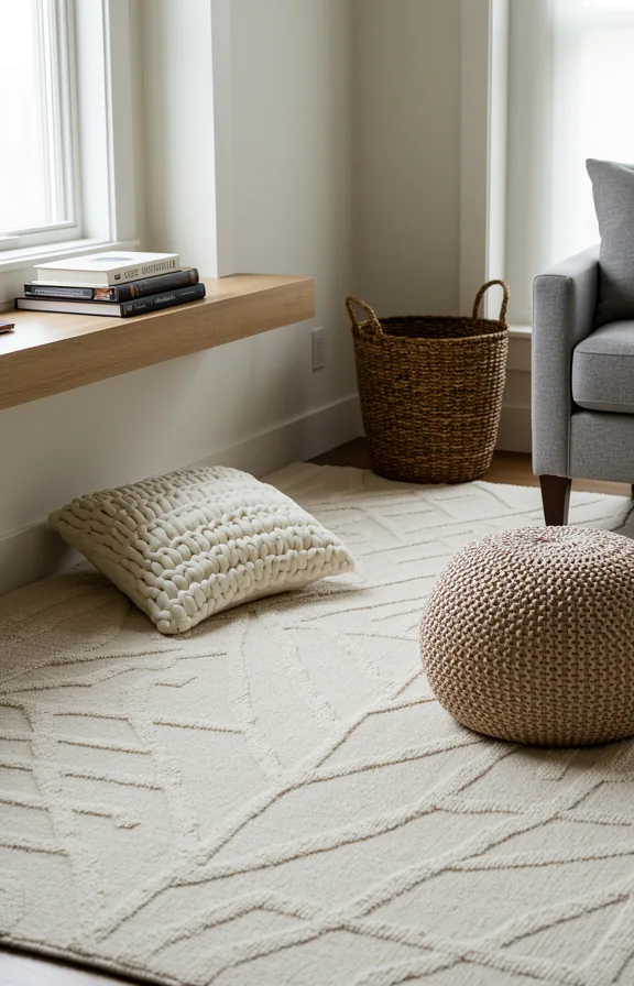 Corner angle of oversized area rug in cream with subtle geometric pattern