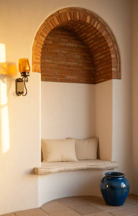 Three-quarter view of Mediterranean arched brick alcove recess in white plaster wall