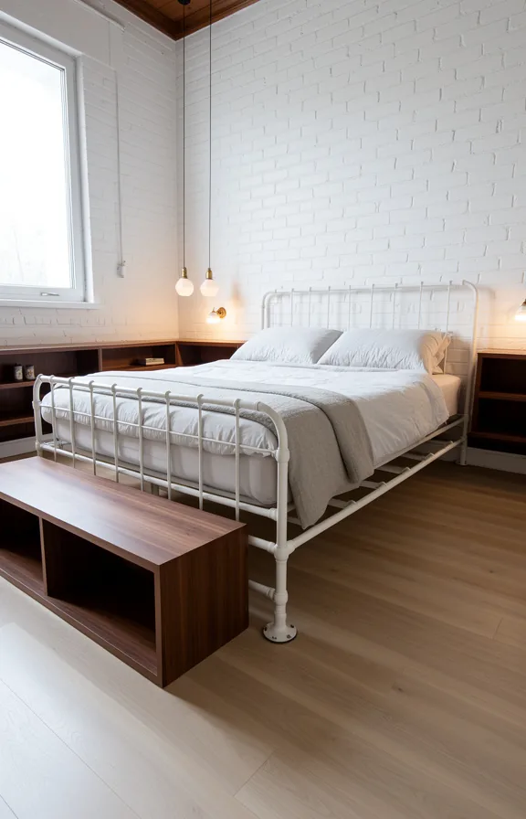 Low-angle shot of loft bedroom with white metal-frame bed elevated on industrial pipe legs
