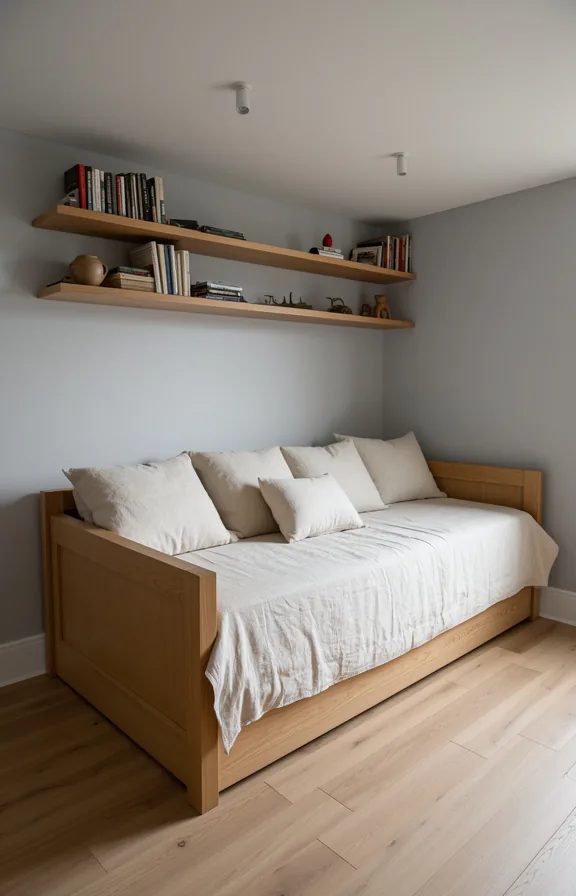 Three-quarter view of neutral linen daybed positioned in converted closet space