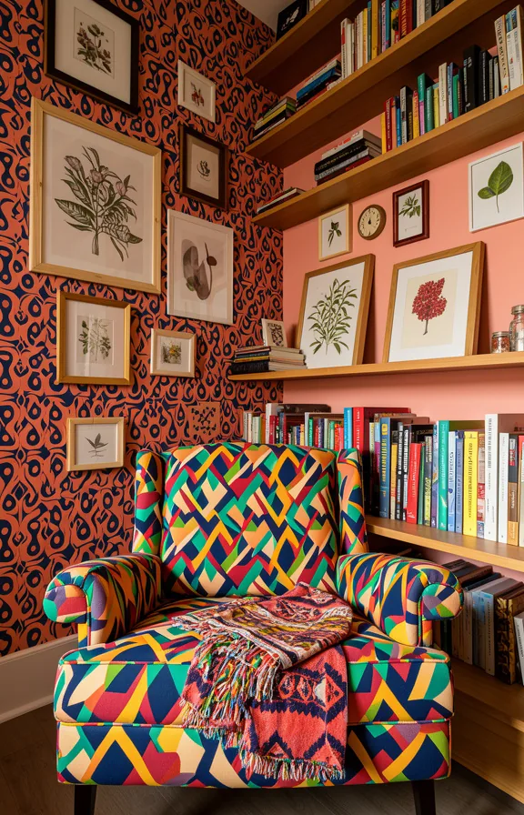 layered throw blankets in clashing prints, patterned wallpaper in coral and navy