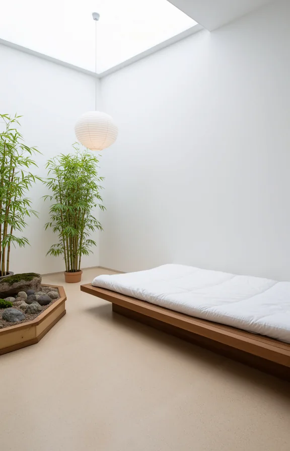 light sand-colored floor, single low wooden platform bed with white futon