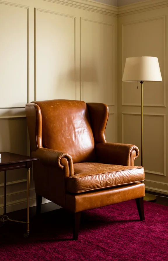 Three-quarter view of a vintage caramel leather wingback chair in a corner