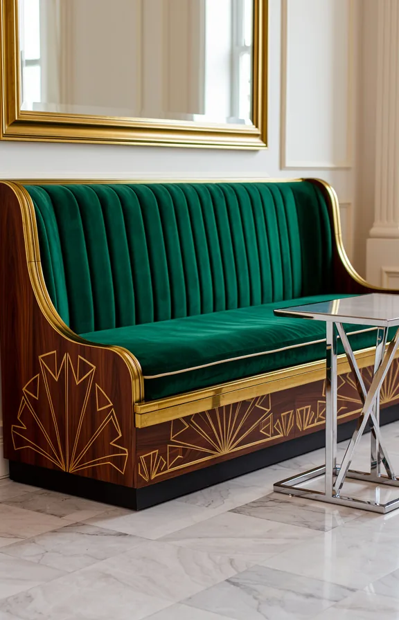 Low-angle corner view of Art Deco reading banquette with curved walnut frame