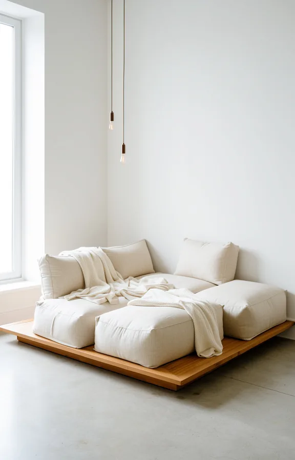 cream linen cube cushions grouped in corner, low wooden platform base