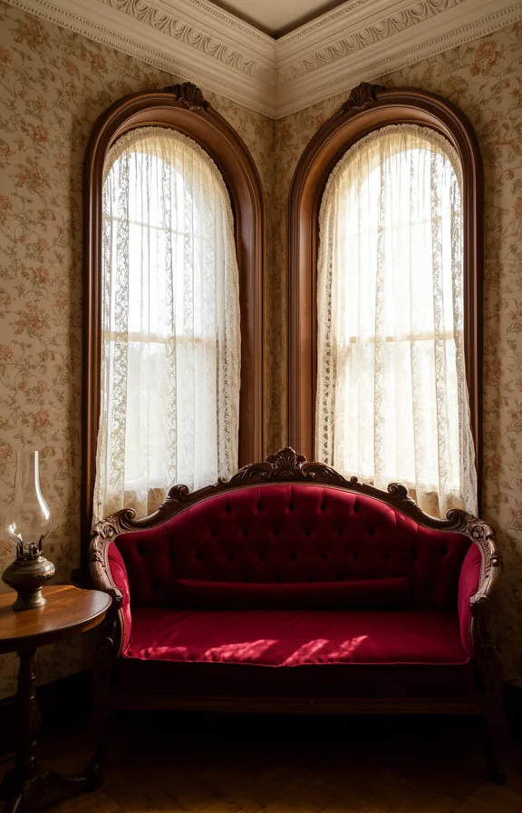 deep crimson velvet cushion with button tufting, lace curtains on tall arched window