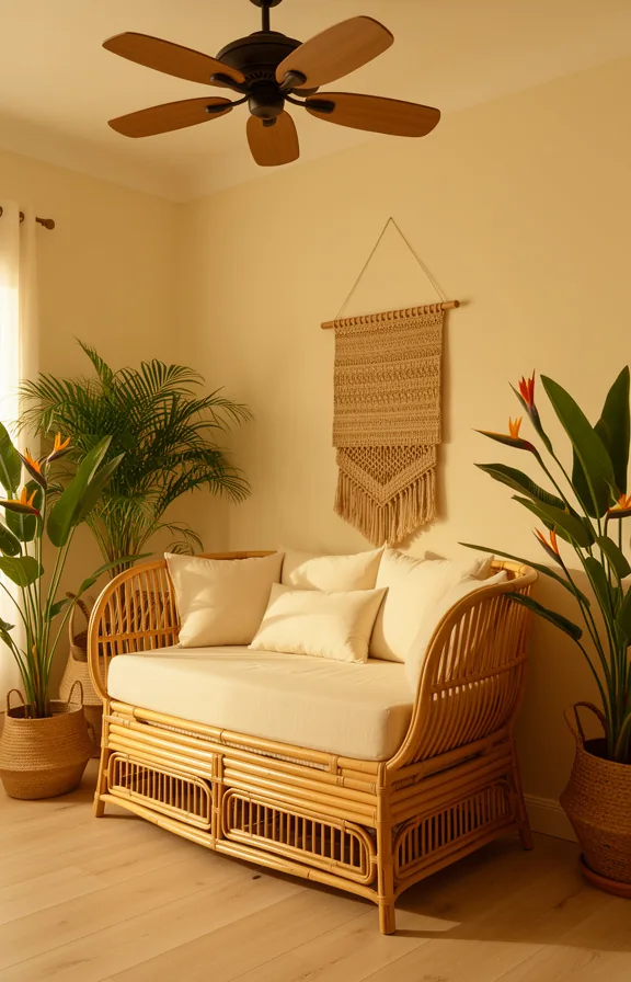 Three-quarter view of tropical rattan lounge corner