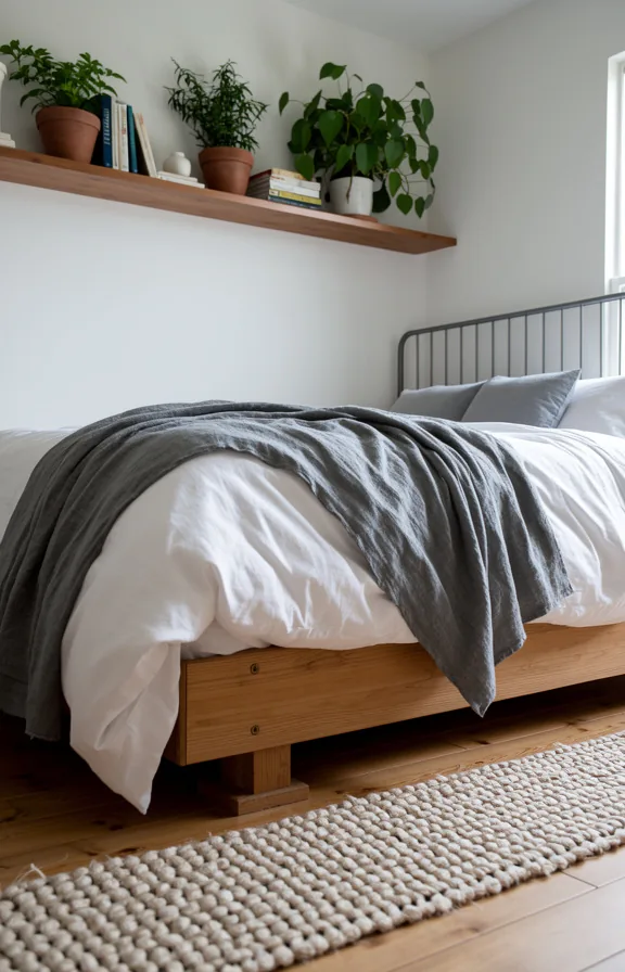 Low-angle shot of a platform reading bed with natural wood frame
