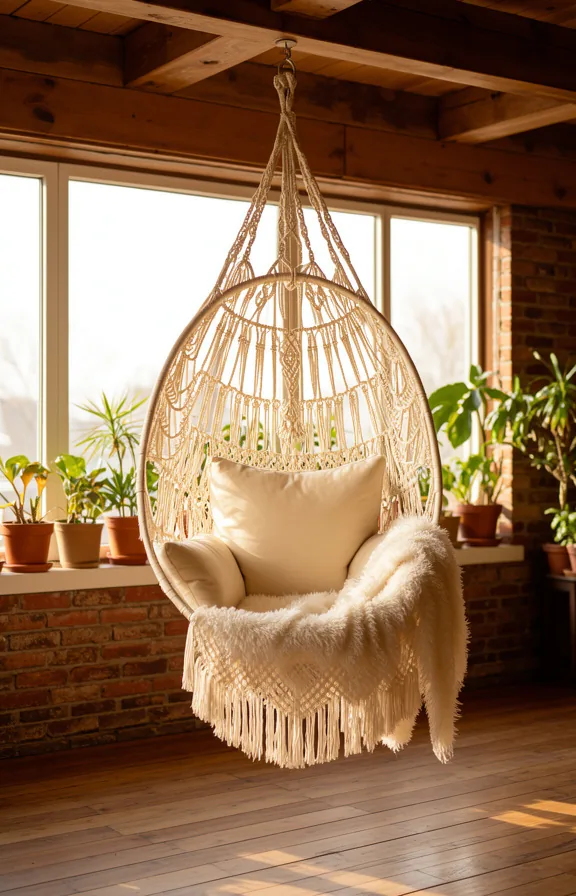 cream cotton chair with layered rope detail, white shag throw blanket
