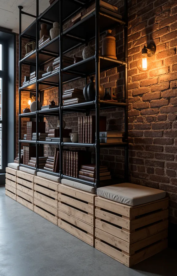 Three-quarter view of industrial metal pipe shelving in matte black
