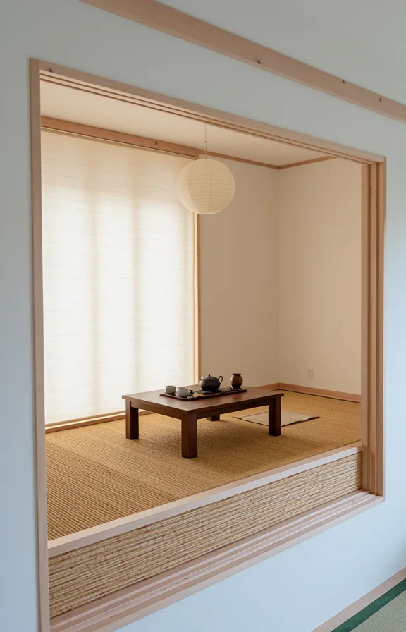 light natural wood frame built into corner, woven straw mat flooring