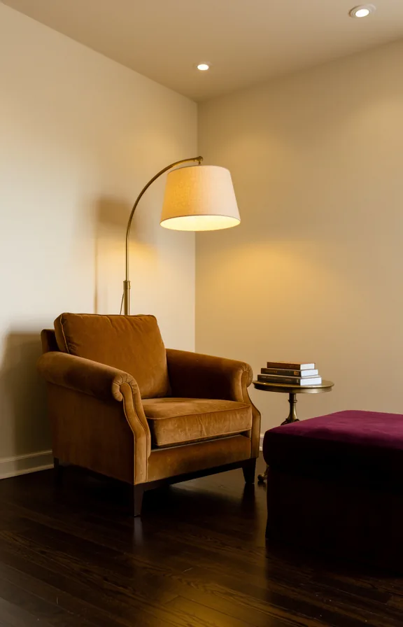 Low-angle corner shot of cognac velvet armchair on dark hardwood floor