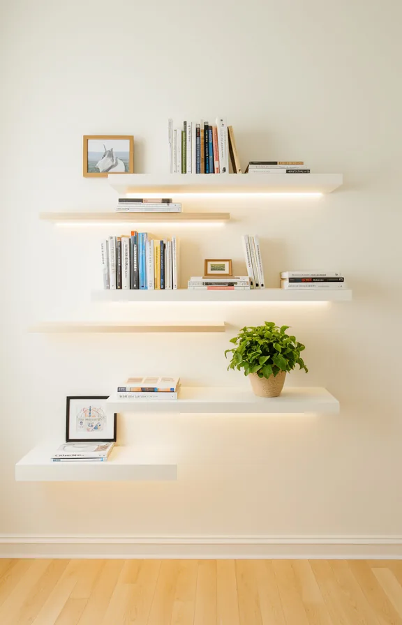 staggered arrangement with books standing upright and horizontally