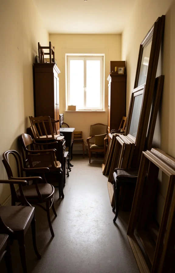 3/4 view of a narrow apartment entryway crammed with mismatched antique chairs