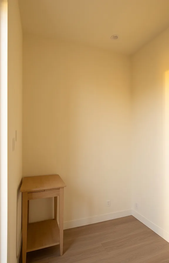 3/4 view of an entryway console table positioned off to the side rather than anchoring the space