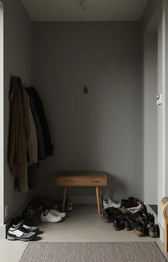 coats on random hooks, no rug, furniture placed randomly