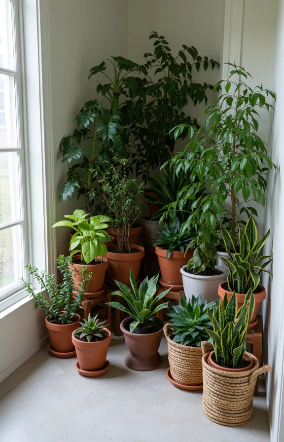 3/4 view of an entryway corner filled with twelve potted plants of varying heights crowding the s