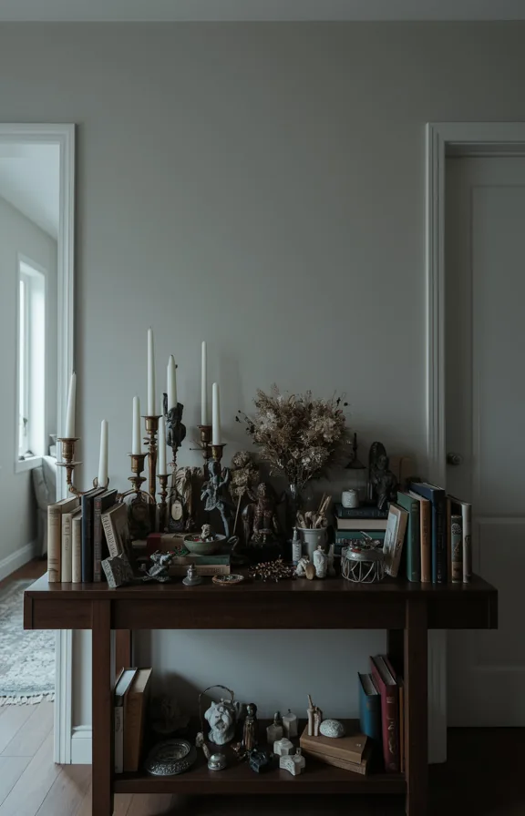 3/4 view of an entryway console table covered with too many decorative objects: candles