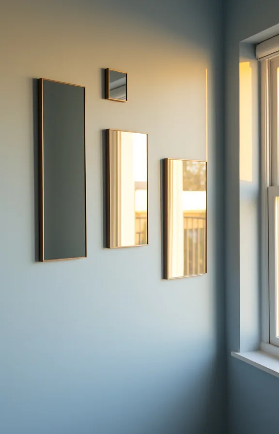 pale blue walls, soft golden afternoon light from a side window