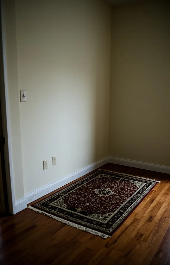 3/4 view of a small apartment entryway with a decorative rug placed too close to the wall
