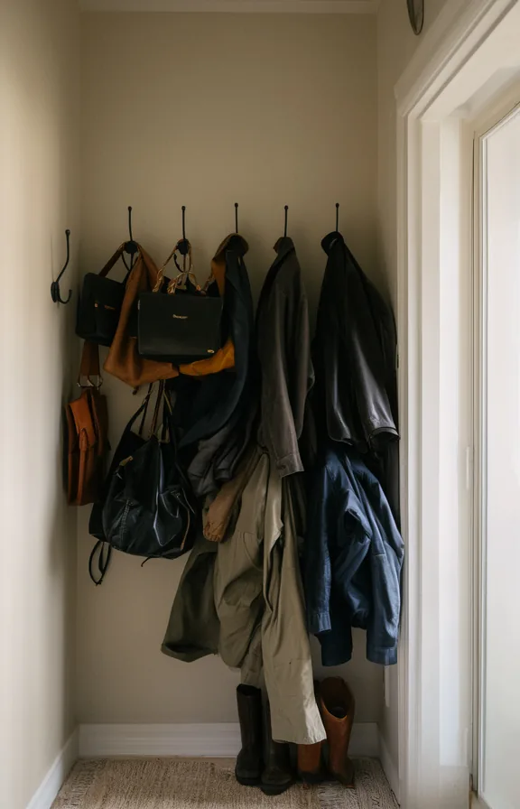 jackets piled haphazardly, soft morning light, neutral tones