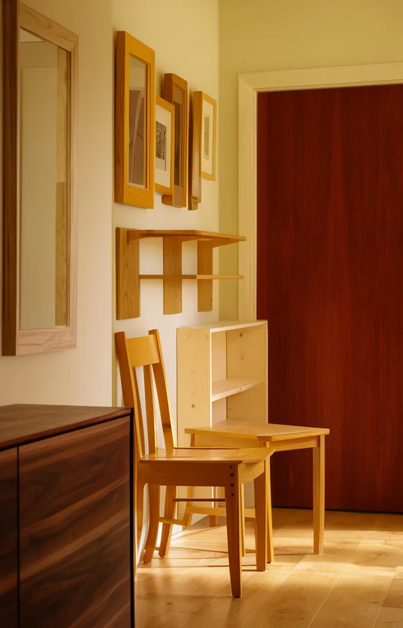 3/4 view of an entryway with five different wood tones visible: dark walnut console