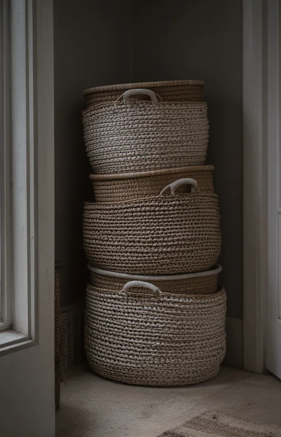 neutral beige tones, moody overcast light, showing how random stacking creates clutter