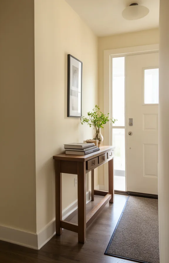 3/4 view of an entryway where a console table is positioned too close to the front door