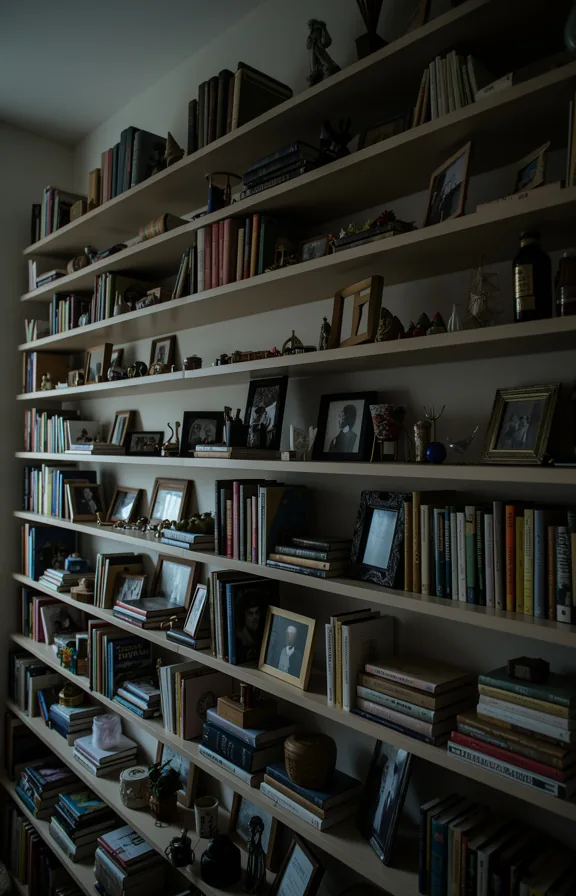 3/4 view of floating shelves packed edge to edge with books