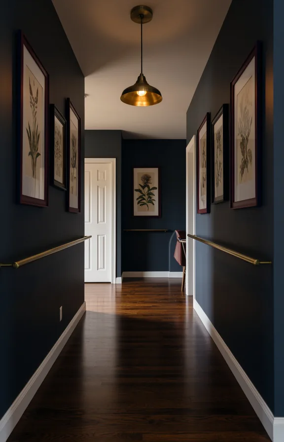 brass picture rail ledge, dark hardwood flooring