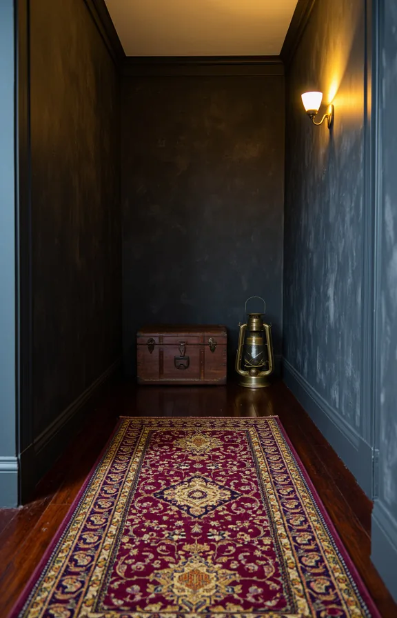 small leather trunk at hallway end, vintage brass lantern beside trunk