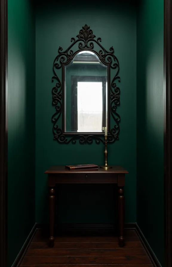 Low angle view of narrow hallway with ornate wrought iron mirror frame mounted on deep forest gre