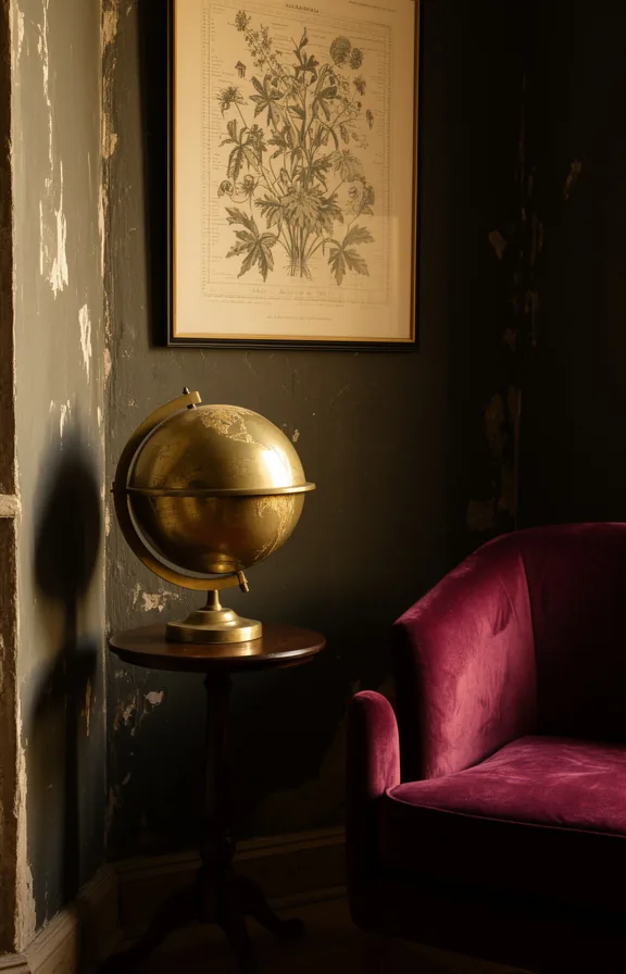 3/4 medium shot of entryway corner featuring antique brass globe on small dark wood pedestal table