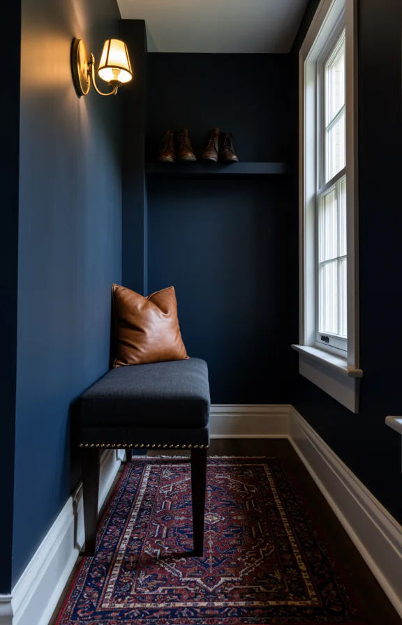 brass nailhead trim detail, leather throw pillow, dark wood flooring with Persian accent rug
