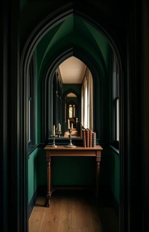 Medium shot of narrow entryway with gothic arch doorway frame painted deep forest green